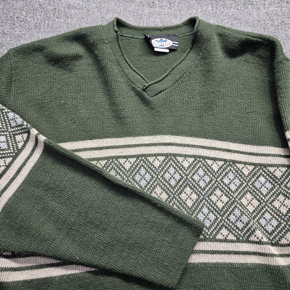 Vintage Jester Acrylic V Neck Sweater Green Diamond Pattern USA Large L - Picture 1 of 9